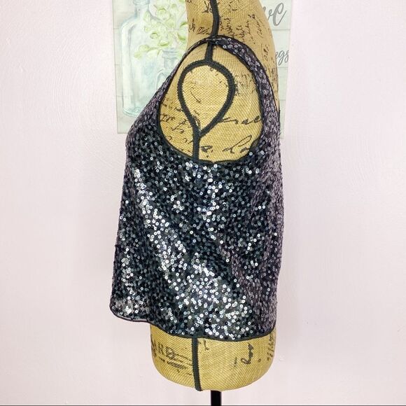 Express Sequin Scoop Neck Cropped Tank Top Black Silver Small - Picture 2 of 9